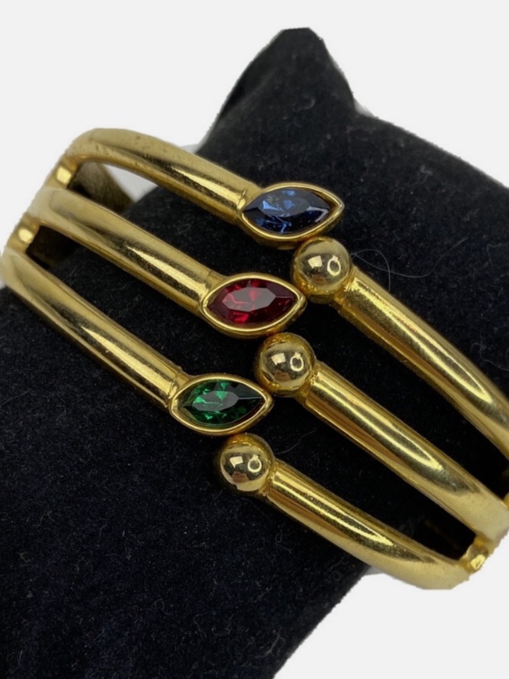 Vintage 1980s Shiny Gold Plated Clamper Bangle Bracelet w Multicolored Marquise